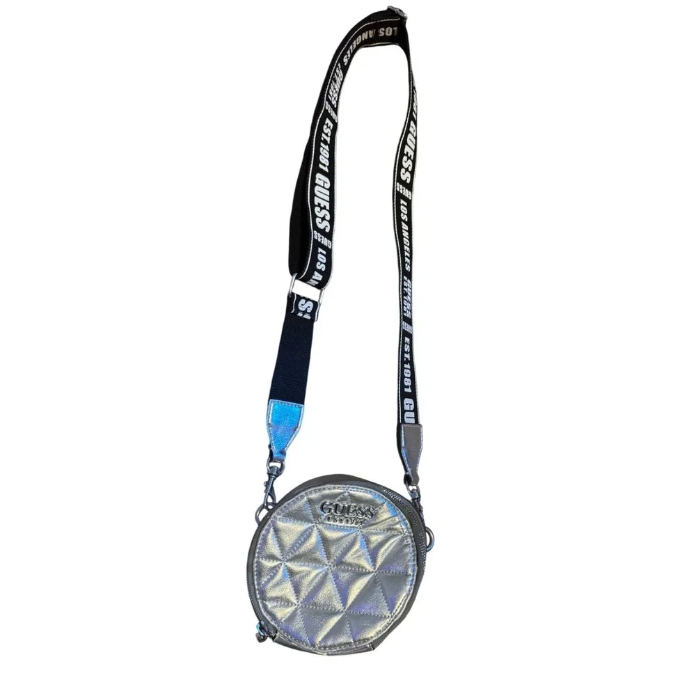 Guess Laiken Mini Round Crossbody Bag Quilted Metallic Design  adjustable‎ strap